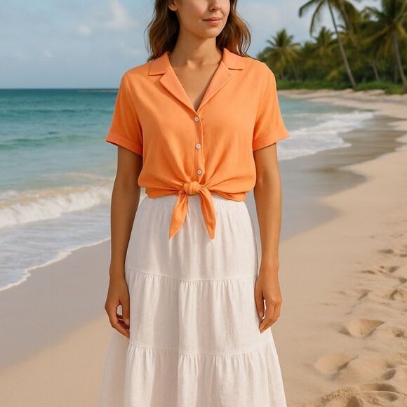 Joie Tie-Front Blouse – Short Sleeve, Button-Up, Orange, Size S - Picture 8 of 8